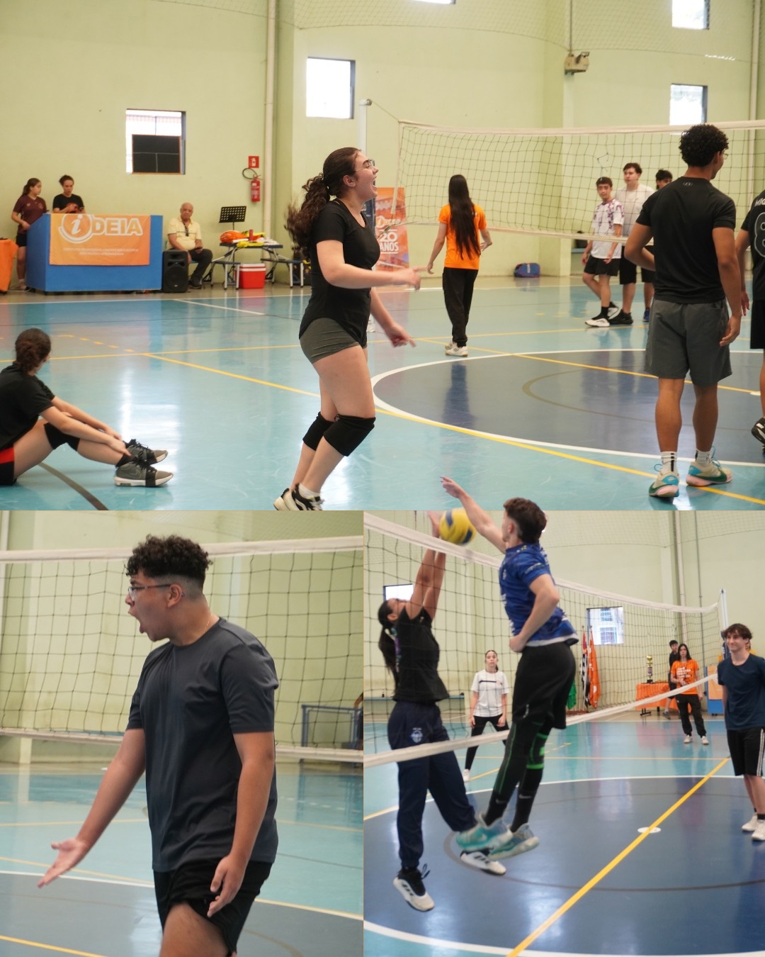 Jogadoras e jogadores do IDEIA disputando ponto na rede durante o vôlei do INTER IDEIA