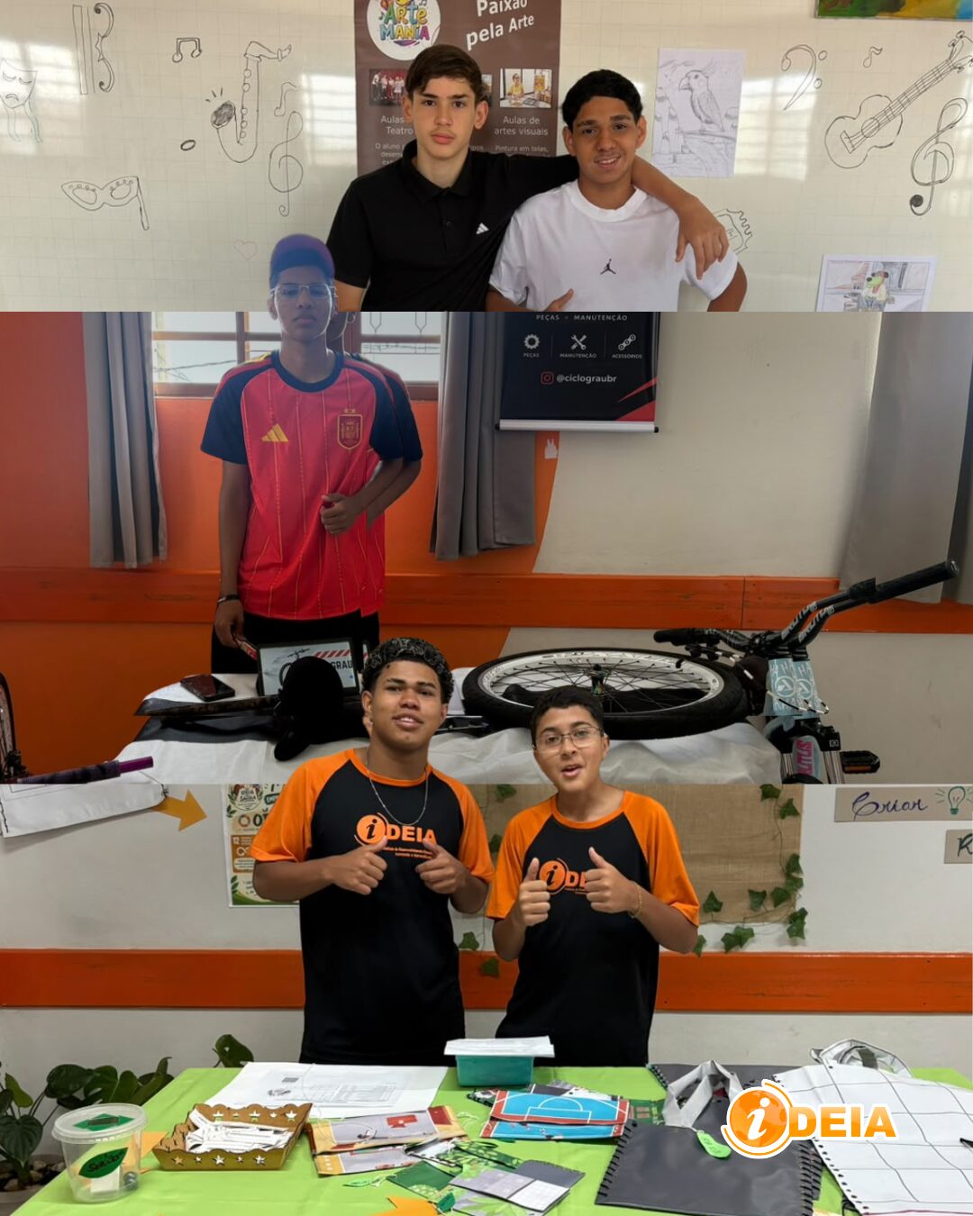 Alunos nos estandes ArteMania, de aulas de arte, e CicloGrau, de peças e manutenção de bicicletas, e dupla do 9º ano apresentando seu projeto