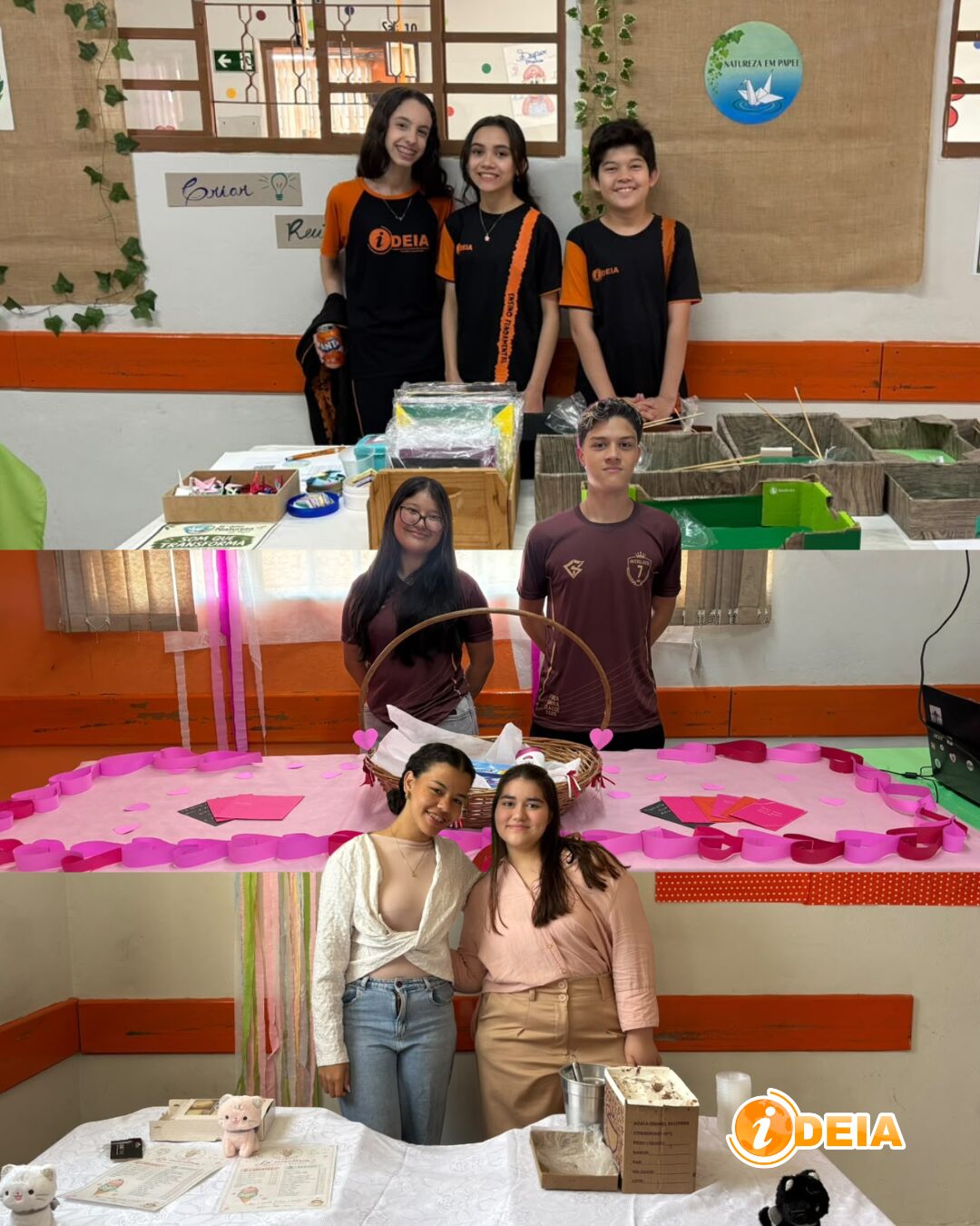 Alunos do 9º ano do IDEIA em seus estandes na Mostra de Novas Ideias, com produtos artesanais, origamis e cestas decoradas