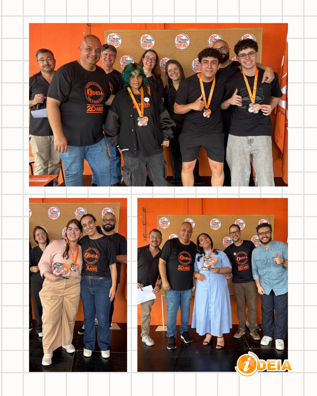 Grupos premiados recebendo medalha e troféu no painel da 18ª Mostra de Novas Ideias