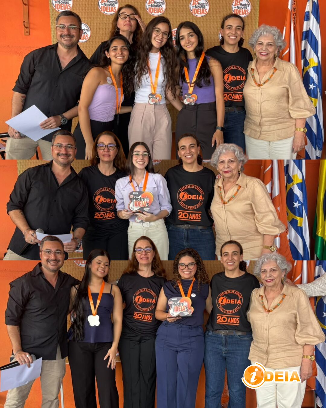 Alunas premiadas posando com o troféu da Mostra de Novas Ideias ao lado da equipe pedagógica do IDEIA