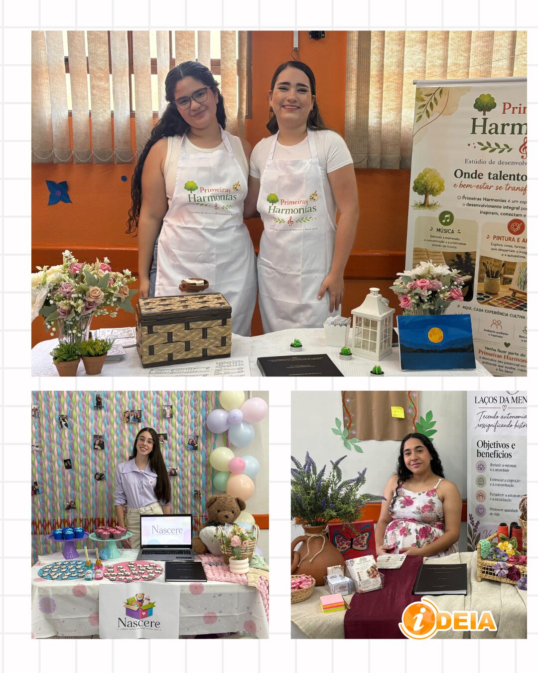 Estandes dos projetos Primeiras Harmonias, Nascere e Laços da Mente, com decoração, produtos e material de apresentação dos alunos
