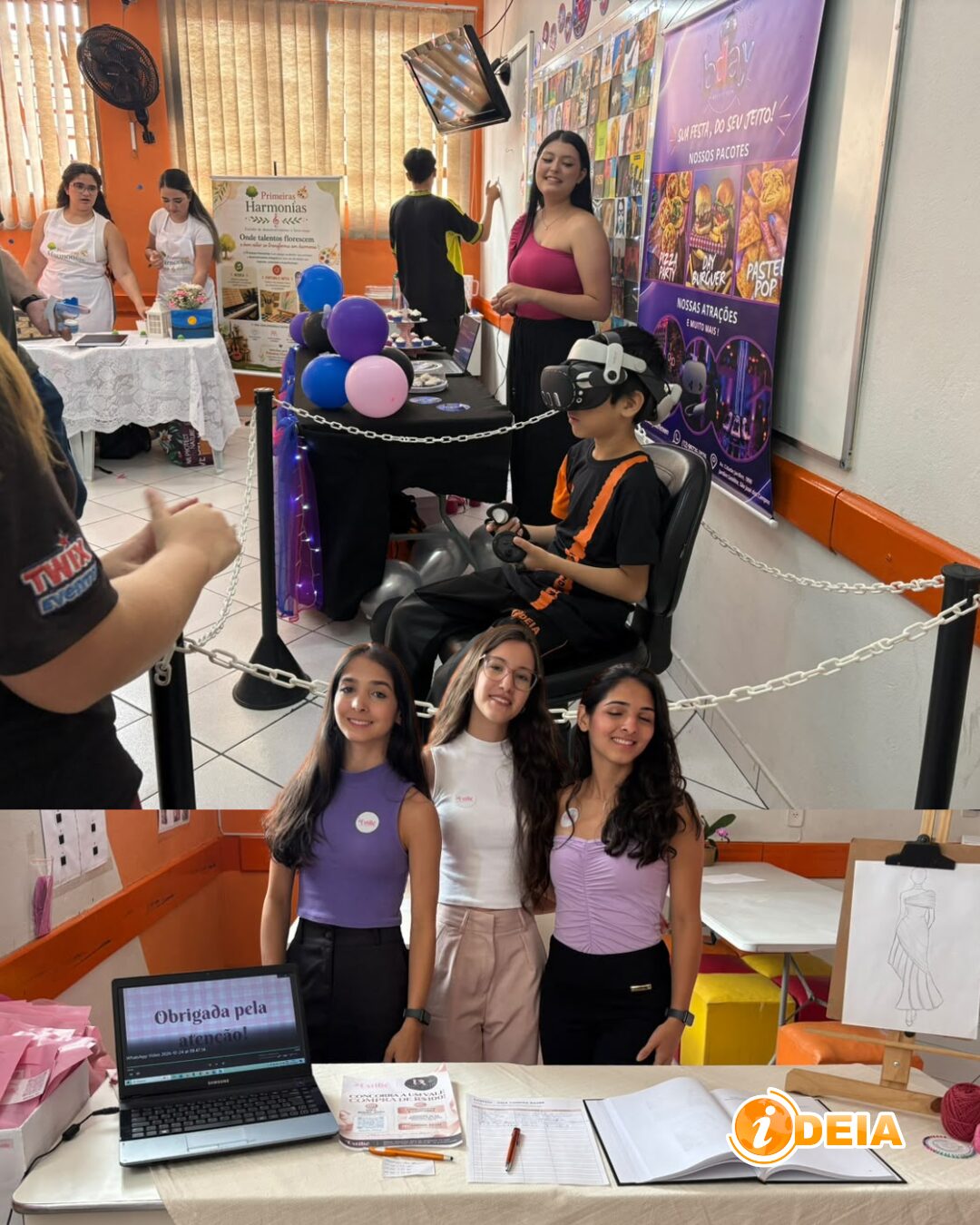 Visitante com óculos de realidade virtual em um estande e, abaixo, alunas atrás da mesa de atendimento do seu projeto na Mostra de Novas Ideias do IDEIA