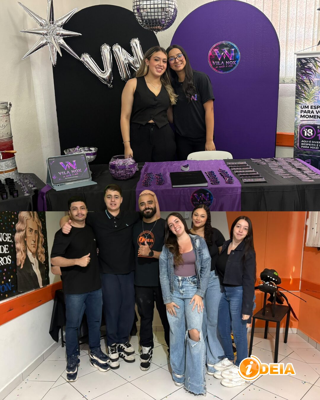 Estande da marca Vila Nox, com painel preto e roxo, balões metálicos e brindes na mesa, e grupo de alunos reunido em outro estande